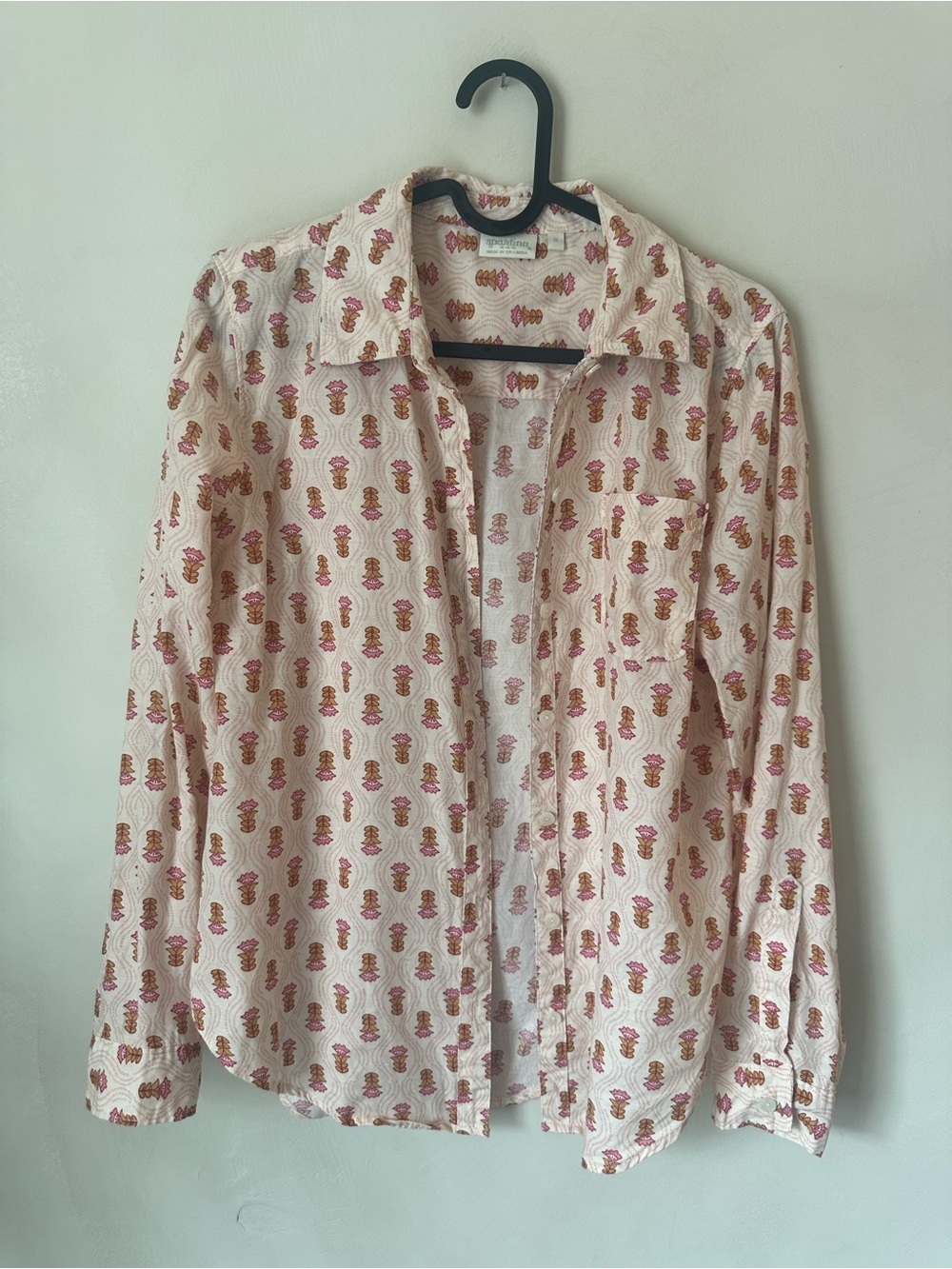 Spartina 449 Shirt Womens Small Blush Pink Button Up Floral Linen Blend Woven
